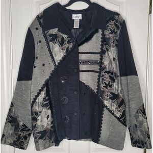 Vntg GRAFF Black Gray Cardigan Sweater Patchwork Embroidered Faux Fur XL Women
